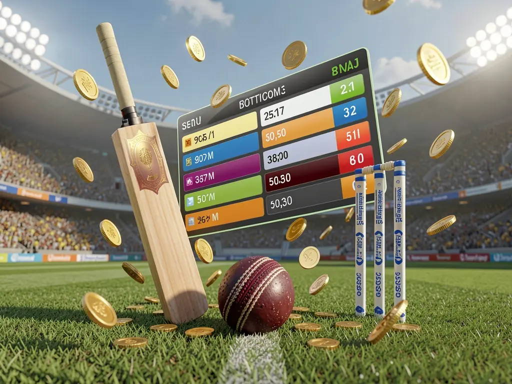 Realistic 3D illustration of a cricket bat, cricket ball, and wickets on stadium grass with floating betting odds interface and golden coins flying, showcasing TKQQQ sports betting page visual in Bangladesh