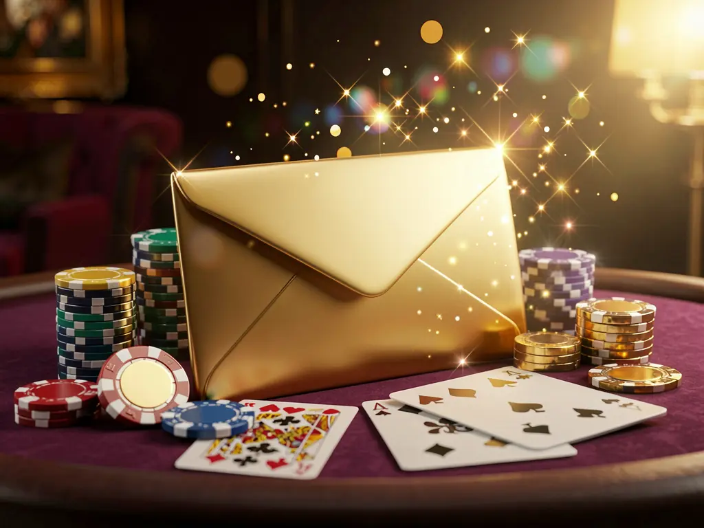 TKQQQ exclusive casino promotion scene featuring a golden envelope surrounded by chips, coins, and playing cards with sparkling lights on a luxury dark background in a cinematic 3D render
