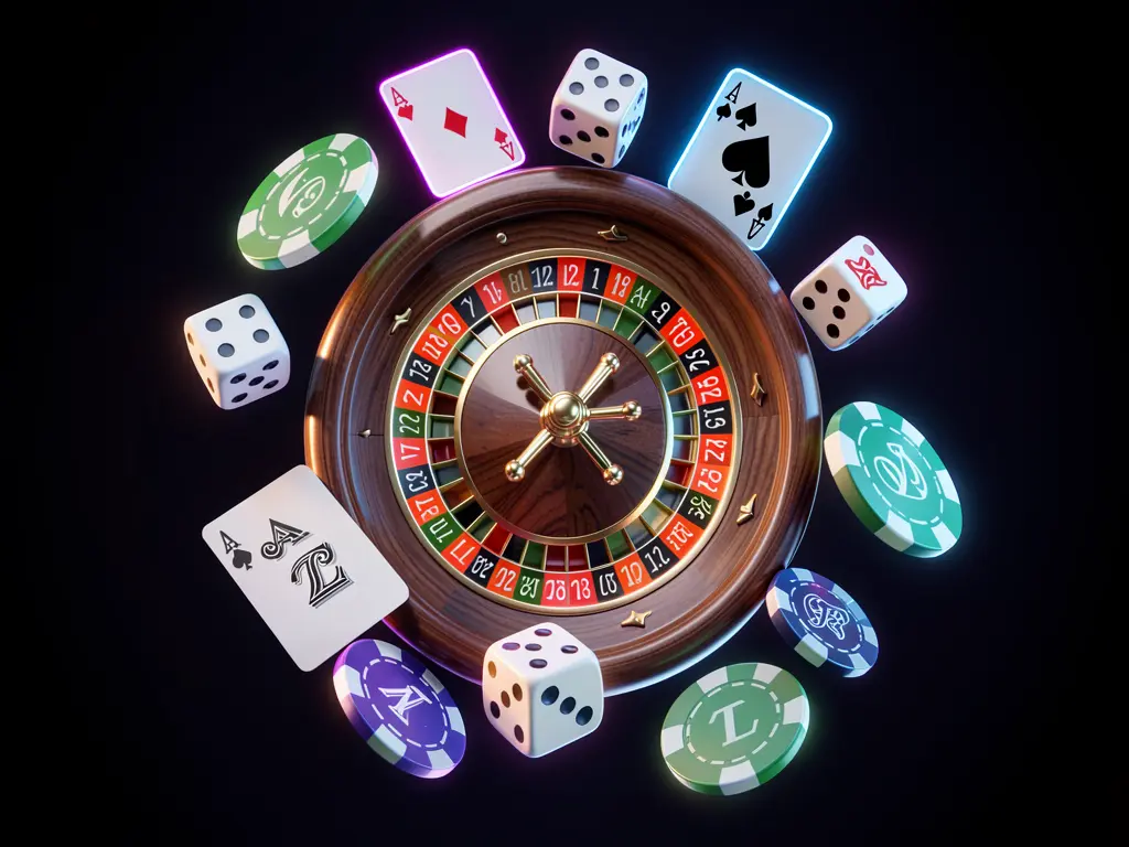 TKQQQ online casino games collection featuring a neon glowing roulette wheel, blackjack cards, dice, slot symbols, and poker chips floating together in a premium 3D render