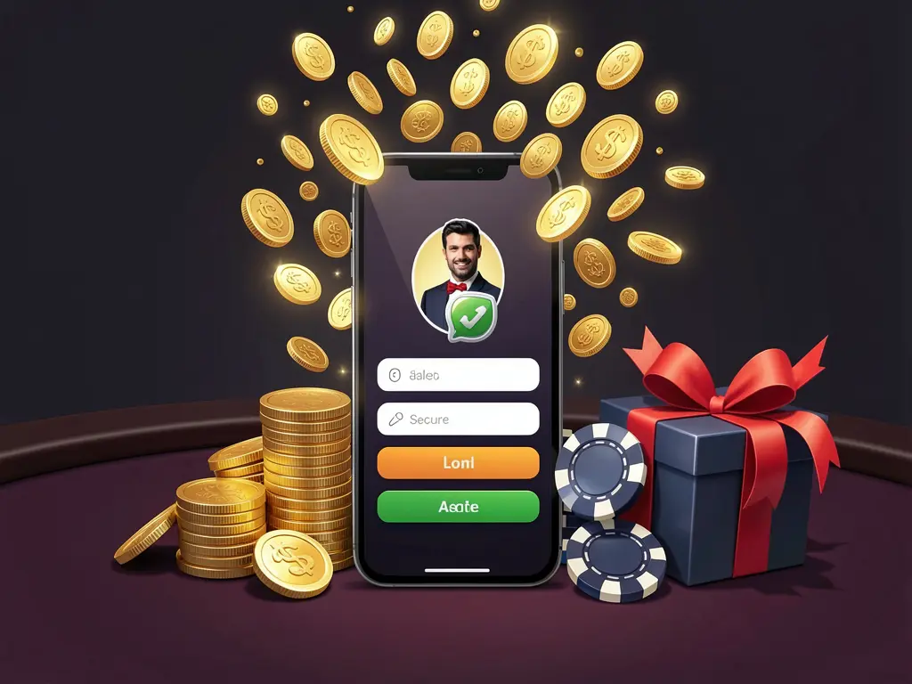 TKQQQ casino user login illustration showing a phone with secure access icon, golden coins bursting from the screen, poker chips and a gift box nearby on a dark premium background