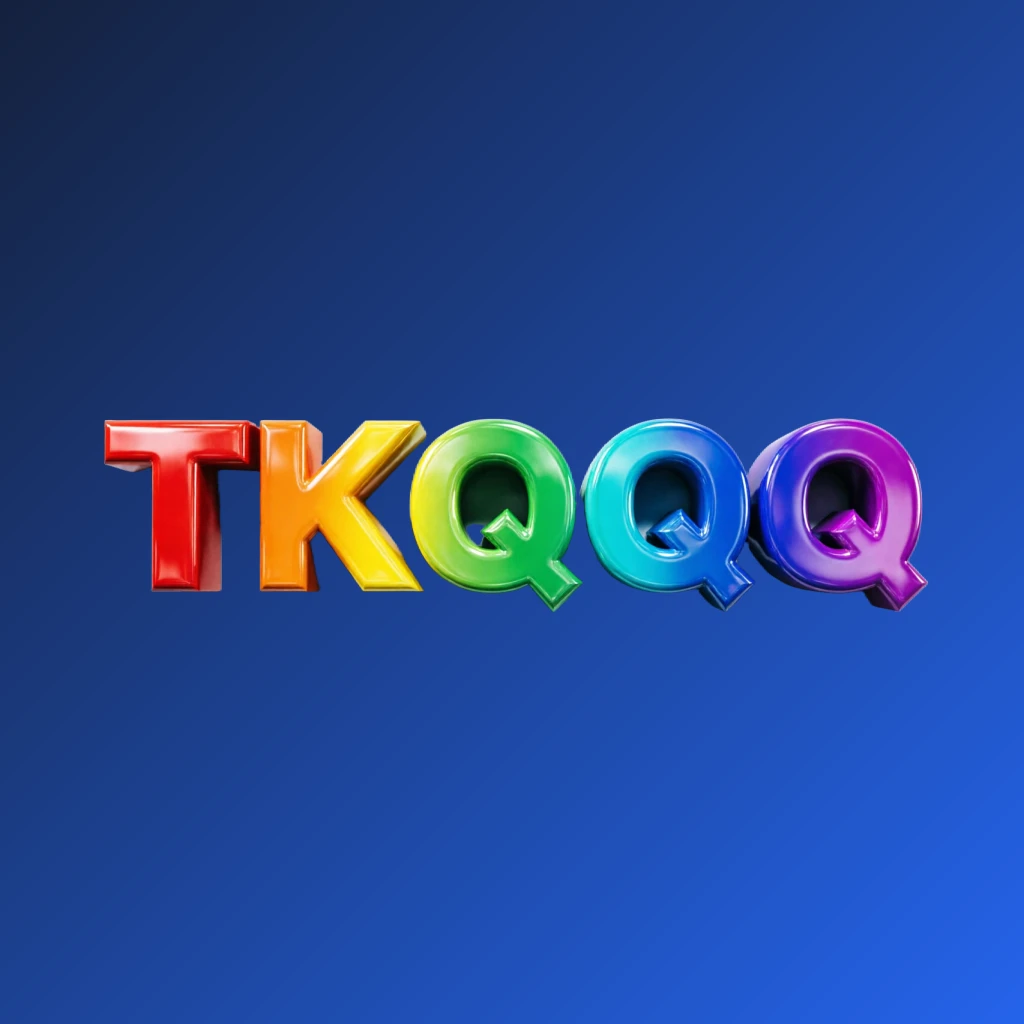 3D logo of TKQQQ with oversized bold font in colorful rainbow gradient and glossy plastic texture, featuring strong shadows and highlights on a transparent background, designed as a wide horizontal rectangular wordmark logo for website header